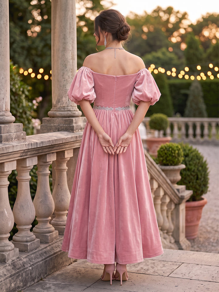 Velvet A Line Off the Shoulder Ankle Length Puff Sleeve Formal Dresses