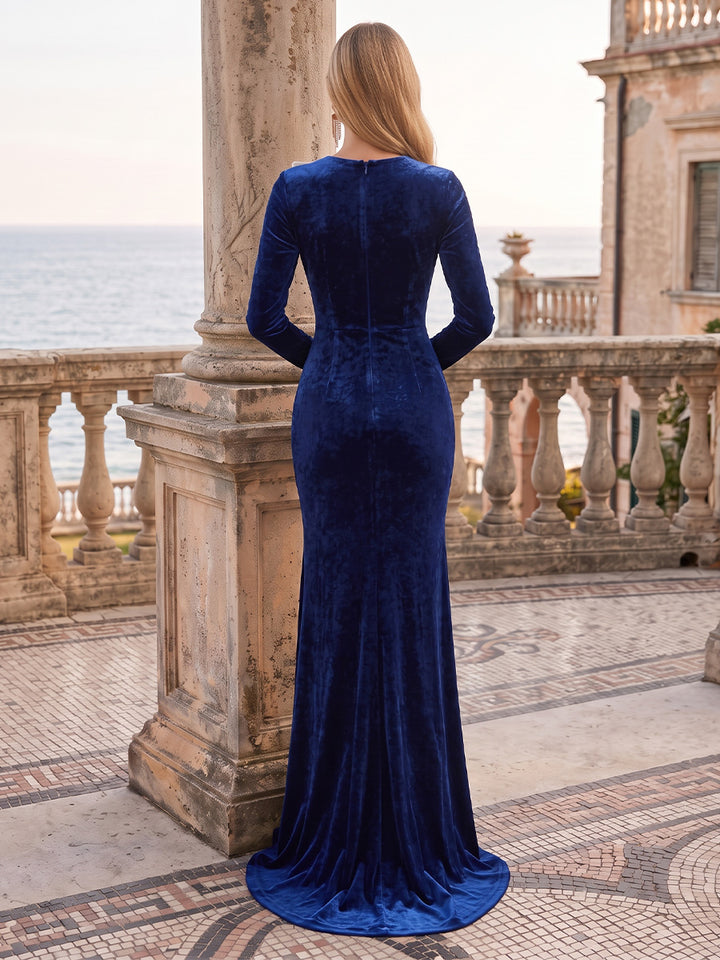 Burnout Velvet Mermaid Round Neck Floor Length with Bow Formal Dresses
