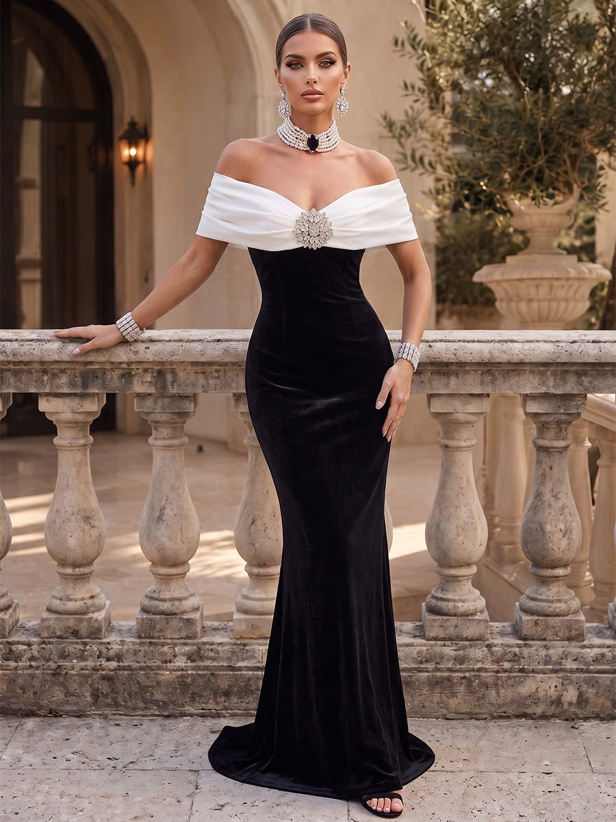 Velvet Mermaid Off the Shoulder Floor Length Bicolor Formal Dresses