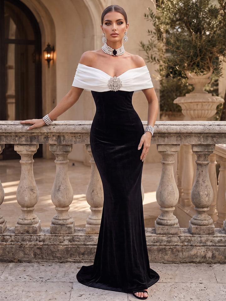 Velvet Mermaid Off the Shoulder Floor Length Bicolor Formal Dresses
