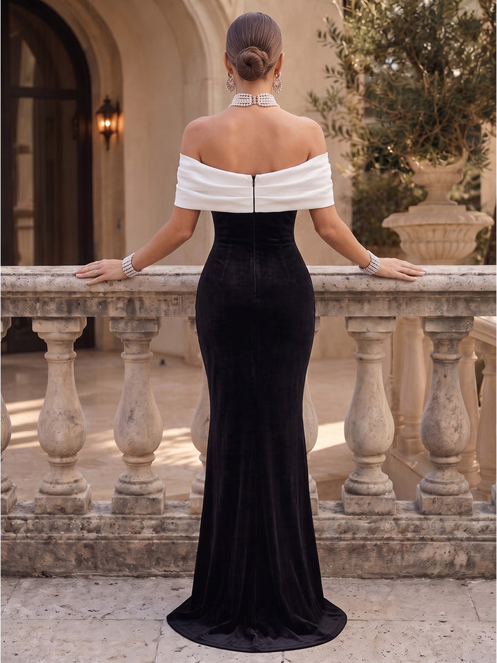 Velvet Mermaid Off the Shoulder Floor Length Bicolor Formal Dresses
