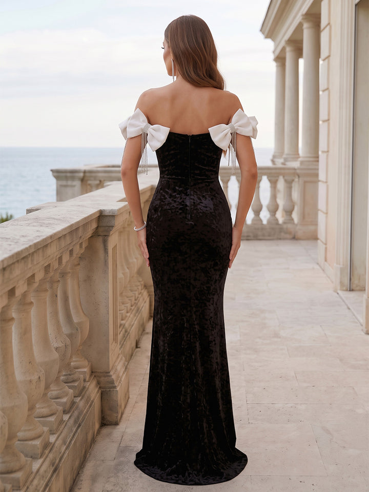 Burnout Velvet Mermaid Off the Shoulder Floor Length with Bow Formal Dresses