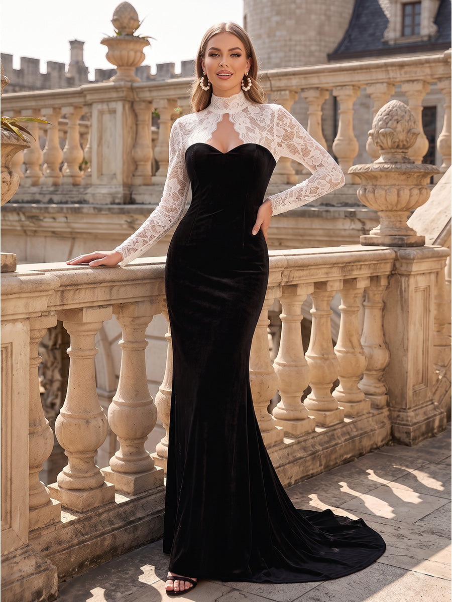 Velvet Mermaid Halter Floor Length Lace Formal Dresses