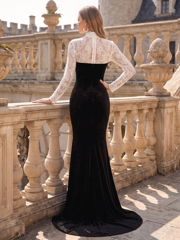 Velvet Mermaid Halter Floor Length Lace Formal Dresses
