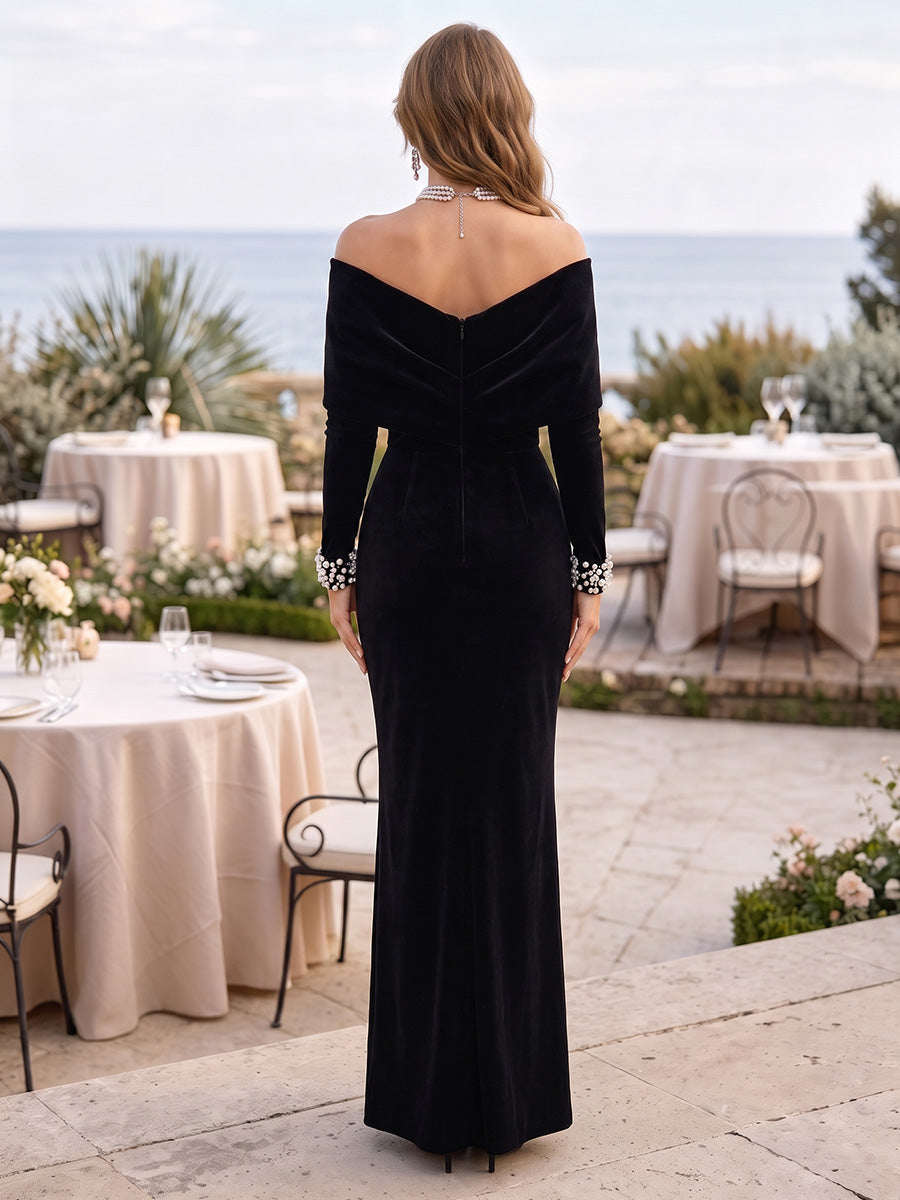 Velvet Sheath Off the Shoulder Floor Length Deep V Back Formal Dresses