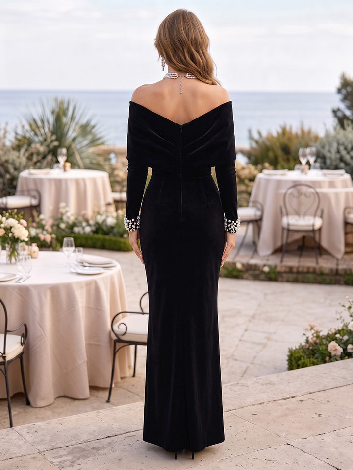 Velvet Sheath Off the Shoulder Floor Length Deep V Back Formal Dresses