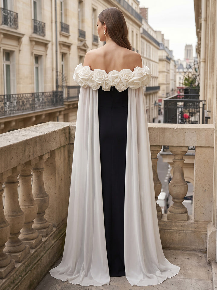 Satin Sheath Off the Shoulder Floor Length with 3D Flowers Formal Dresses