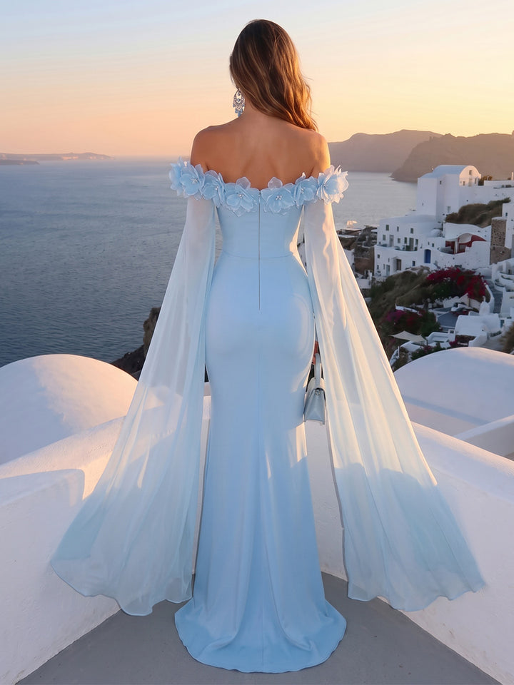 Satin Mermaid Off the Shoulder Floor Length with 3D Flowers Ruched Formal Dresses