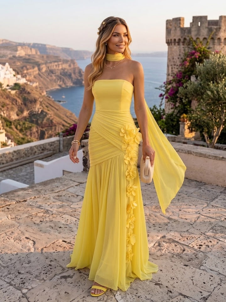 Chiffon A Line Strapless Ruched Pleated Formal Dresses