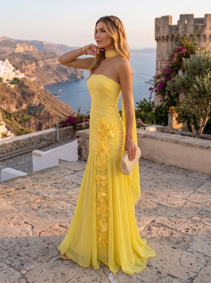 Chiffon A Line Strapless Ruched Pleated Formal Dresses