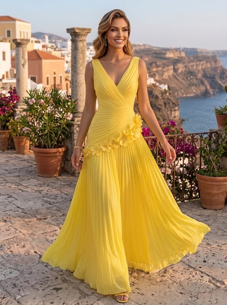 Chiffon A Line V Neck Ruched Pleated Formal Dresses