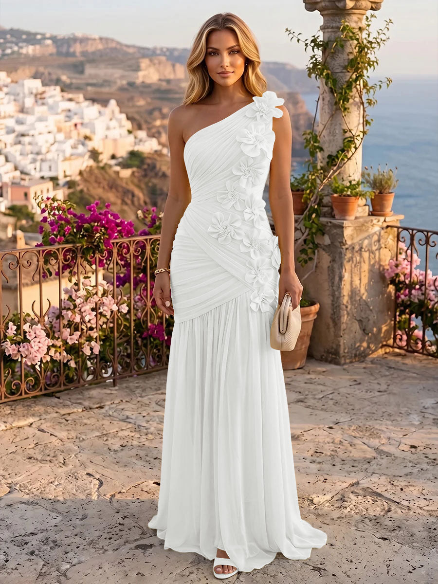 Chiffon A Line One Shoulder Ruched 3D Flower Accent Formal Dresses