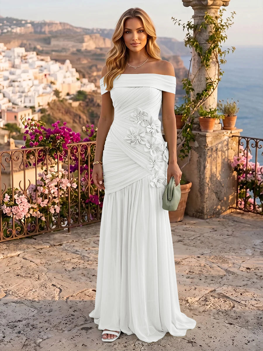 Chiffon A Line Off the Shoulder Ruched 3D Flower Accent Formal Dresses