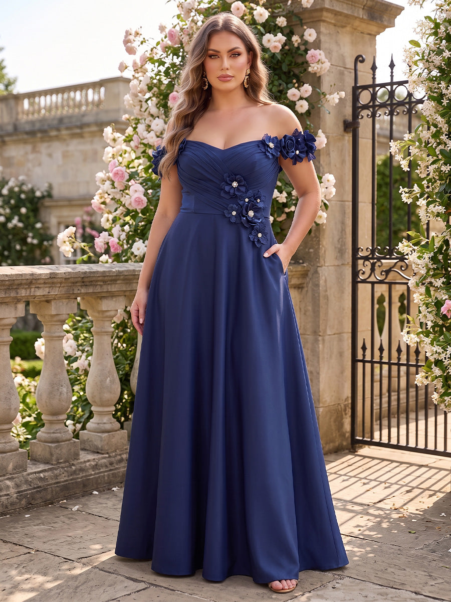Plus Size Satin A Line Off the Shoulder Ruched Formal Dresses with 3D Flowers