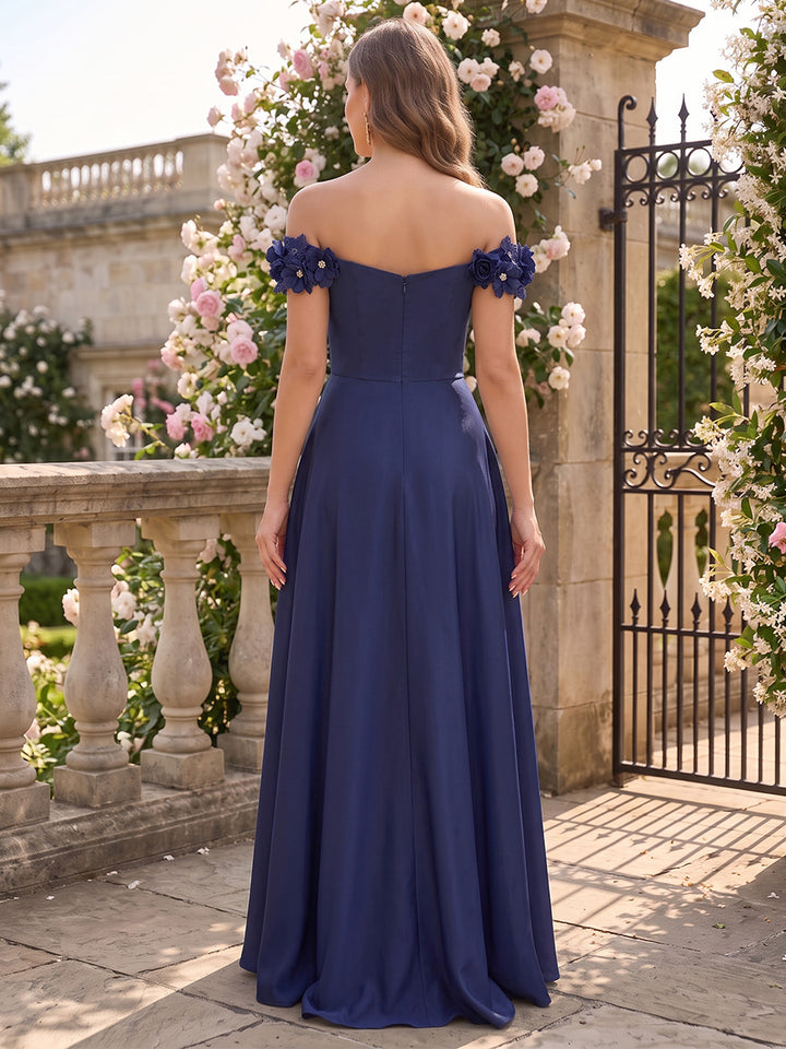 Plus Size Satin A Line Off the Shoulder Ruched Formal Dresses with 3D Flowers
