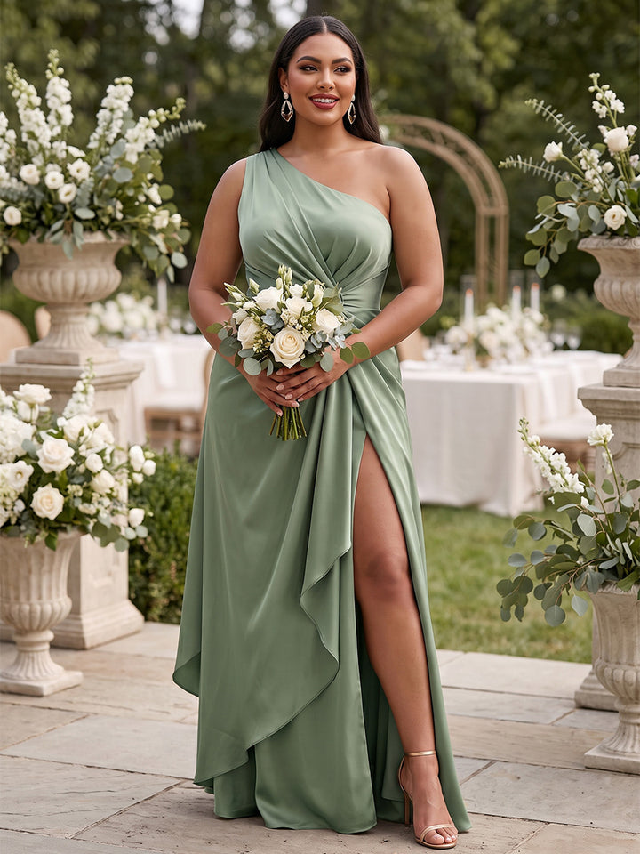 Satin A Line One Shoulder Ruffles Plus Size Formal Dresses