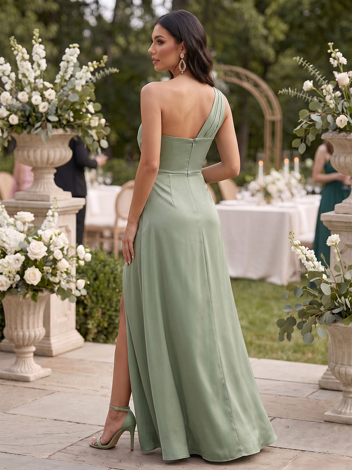Satin A Line One Shoulder Ruffles Plus Size Formal Dresses