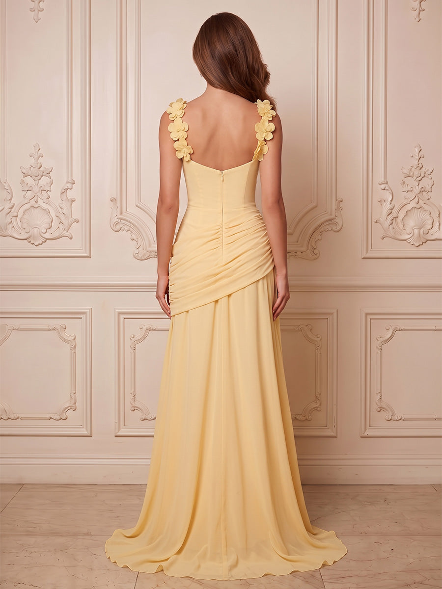 Chiffon Sheath Square Neck 3D Petal Floral Ruched Waist Formal Dresses