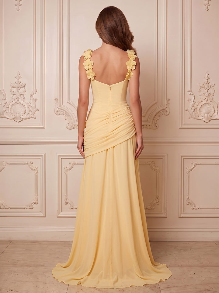 Chiffon Sheath Square Neck 3D Petal Floral Ruched Waist Formal Dresses