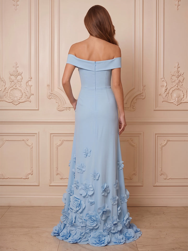 Satin 3D Petal Floral A Line Off the Shoulder Ruched Formal Dresses