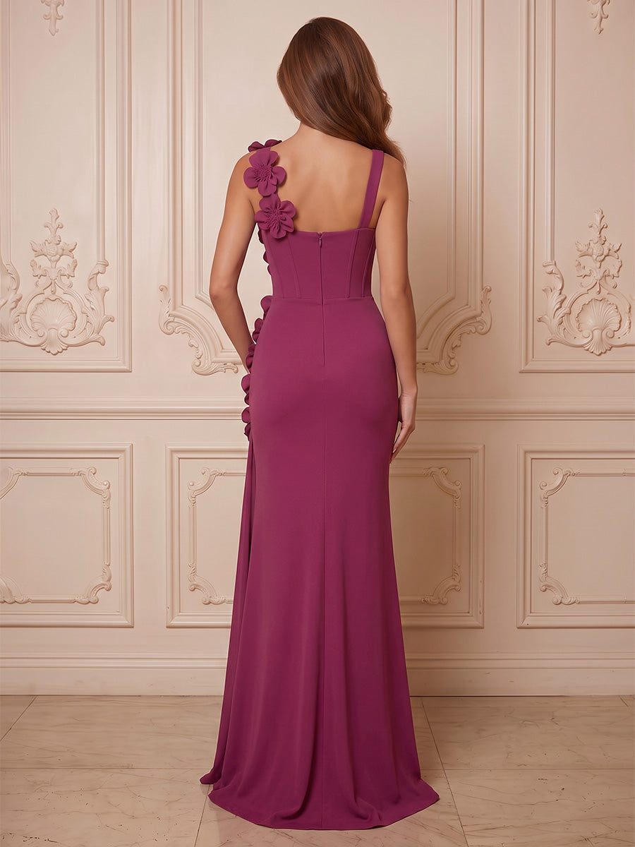 Satin Mermaid Square Neck Corset Waist Ruched with 3D Flowers Formal Dresses