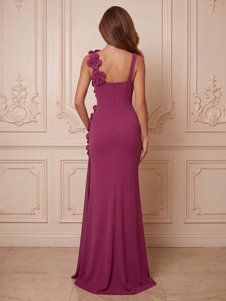Satin Mermaid Square Neck Corset Waist Ruched with 3D Flowers Formal Dresses