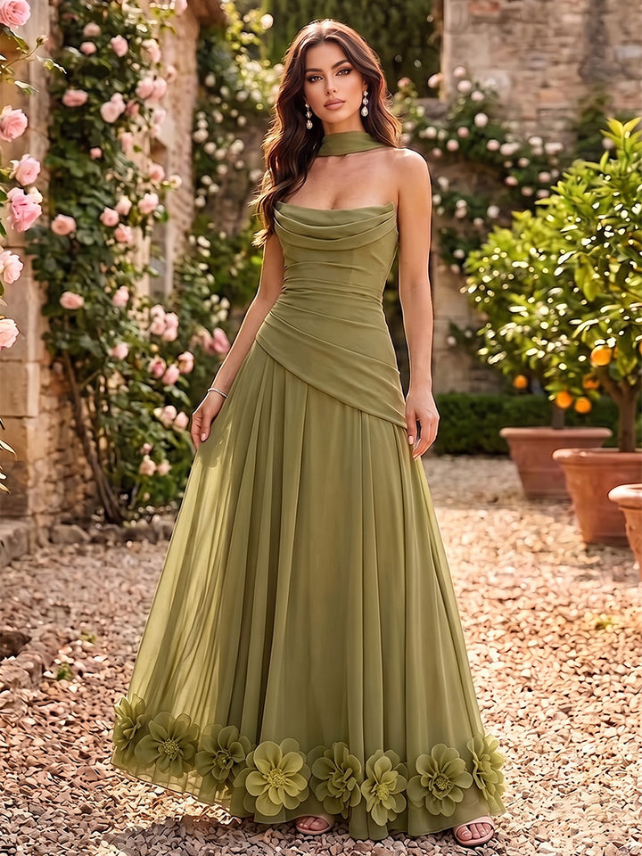 Chiffon 3D Flower Accent A Line Strapless Ruched Bodice Scarf Formal Dresses