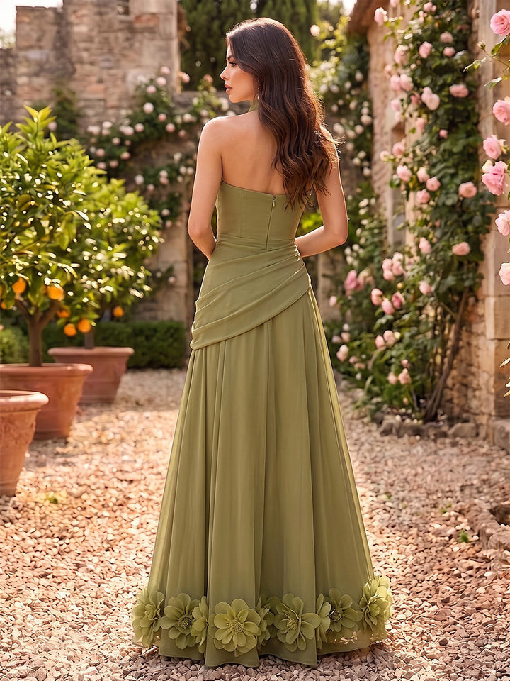 Chiffon 3D Flower Accent A Line Strapless Ruched Bodice Scarf Formal Dresses