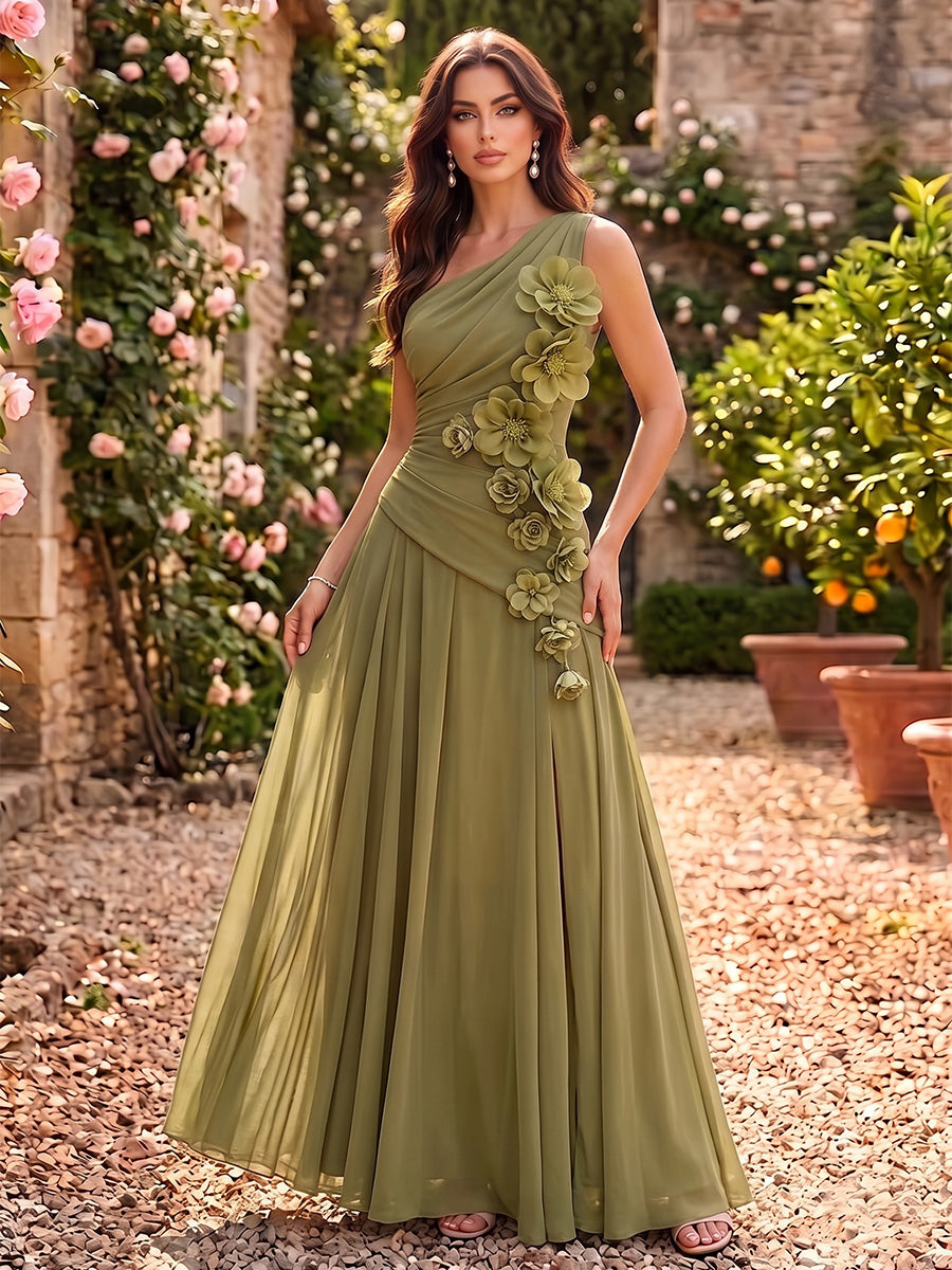 Chiffon A Line One Shoulder 3D Flower Accent Ruched Waist Formal Dresses