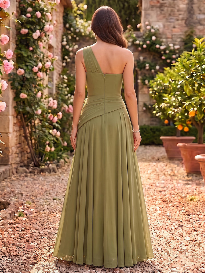 Chiffon A Line One Shoulder 3D Flower Accent Ruched Waist Formal Dresses