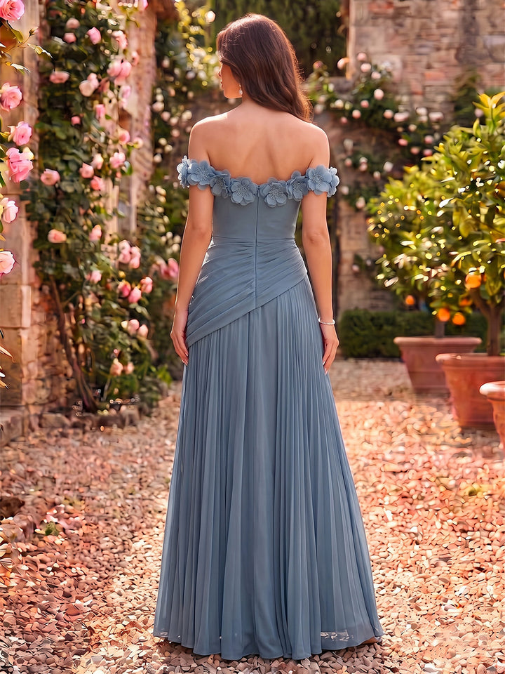 Chiffon A Line Off the Shoulder Ruched Pleated with 3D Flowers Formal Dresses