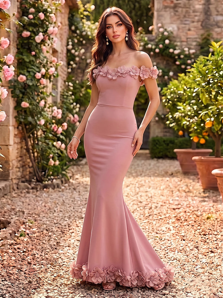 Satin Mermaid Off the Shoulder with 3D Flowers Formal Dresses