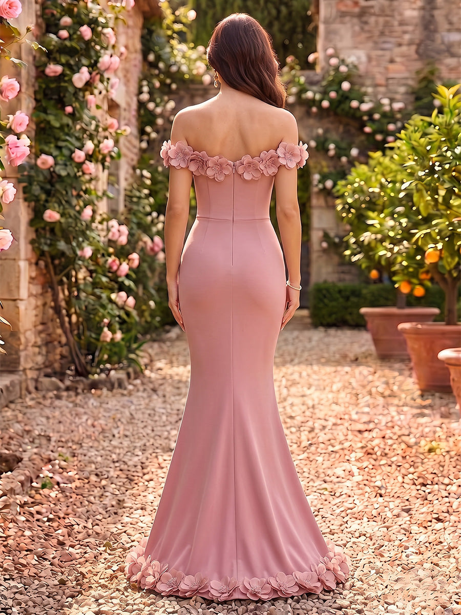 Satin Mermaid Off the Shoulder with 3D Flowers Formal Dresses