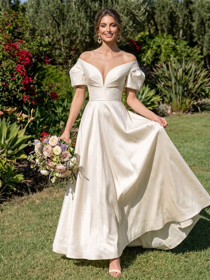 Satin A Line Off the Shoulder Puff Sleeves V Neck Formal Dresses
