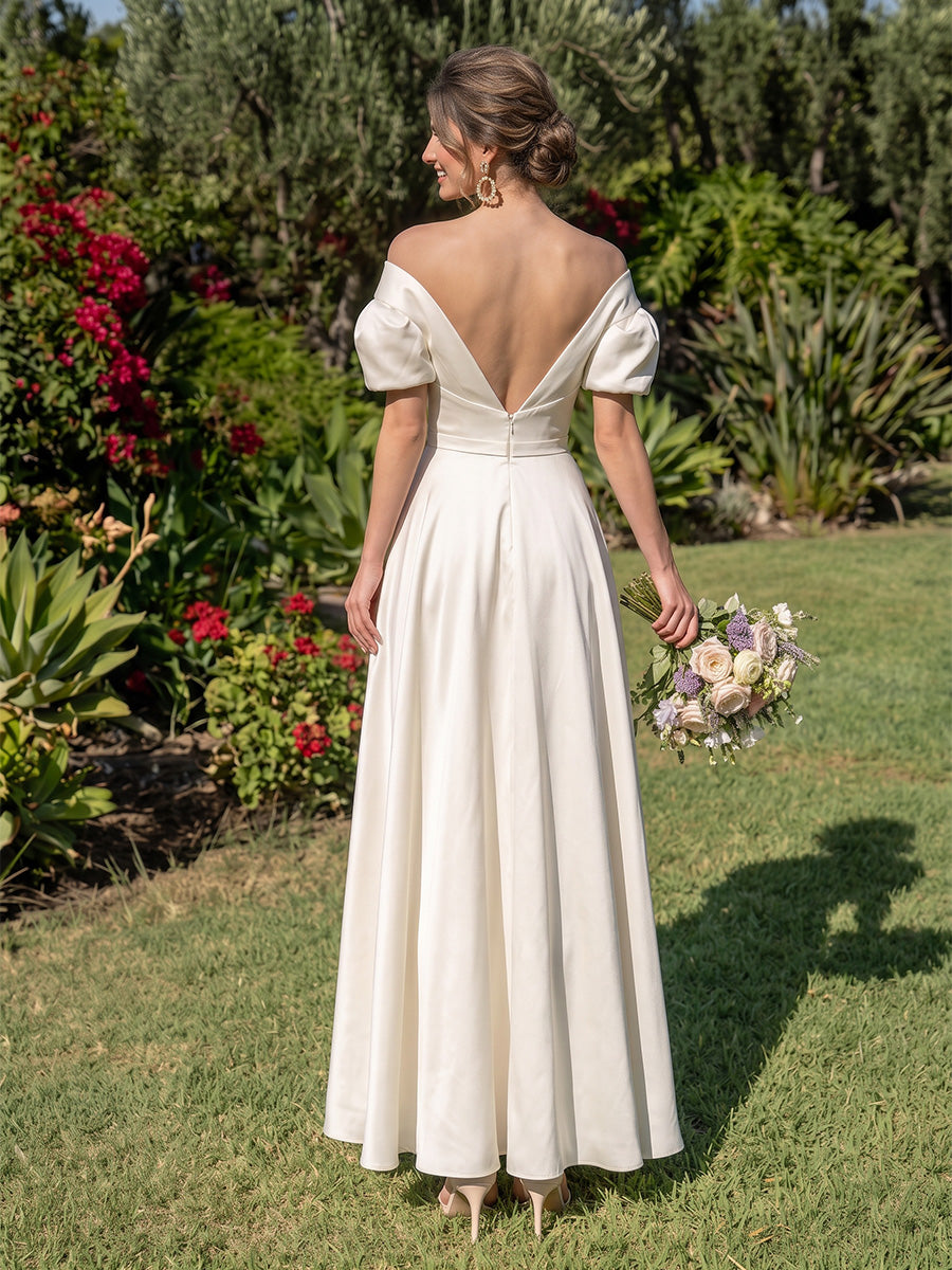 Satin A Line Off the Shoulder Puff Sleeves V Neck Formal Dresses