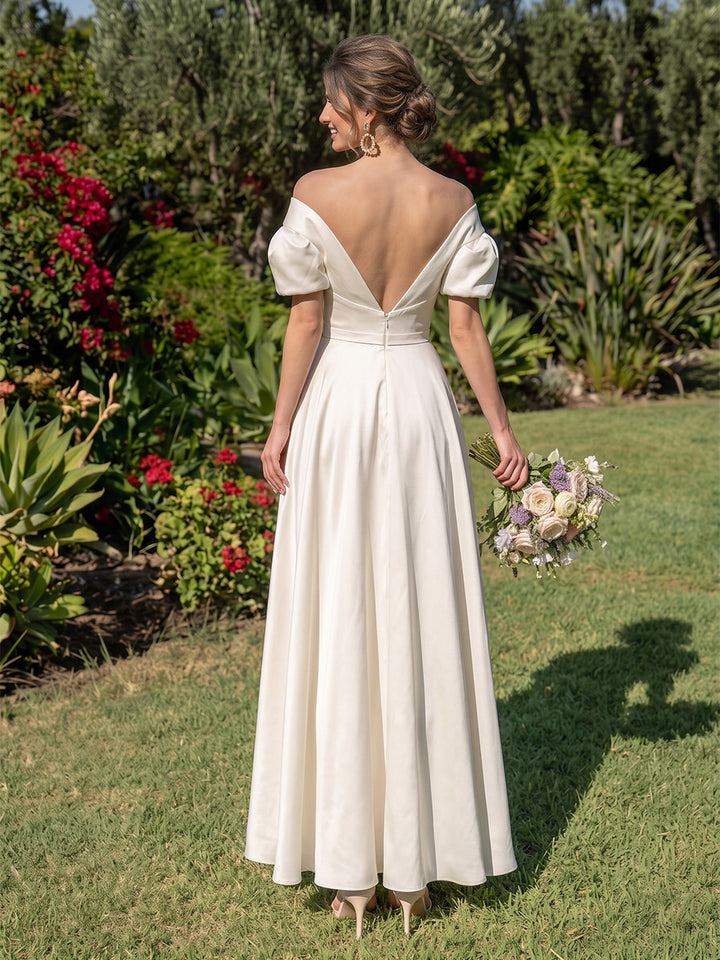 Satin A Line Off the Shoulder Puff Sleeves V Neck Formal Dresses
