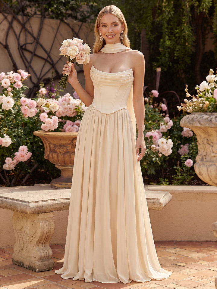 Chiffon A Line Strapless Corset Waist Formal Dresses with Scarf