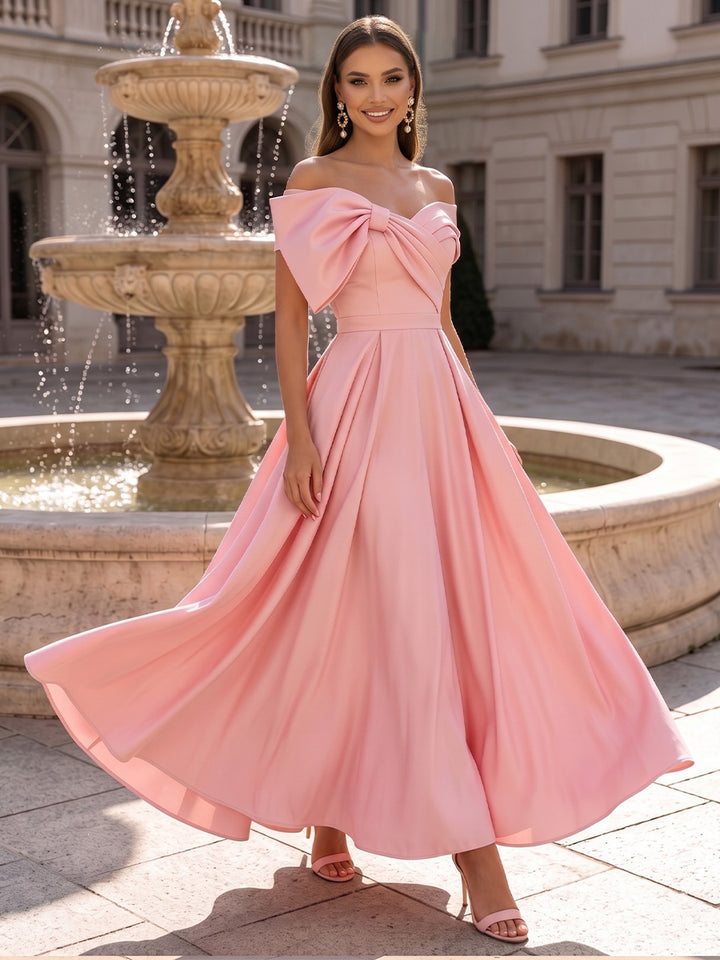 Satin A Line Off the Shoulder with Bow Formal Dresses