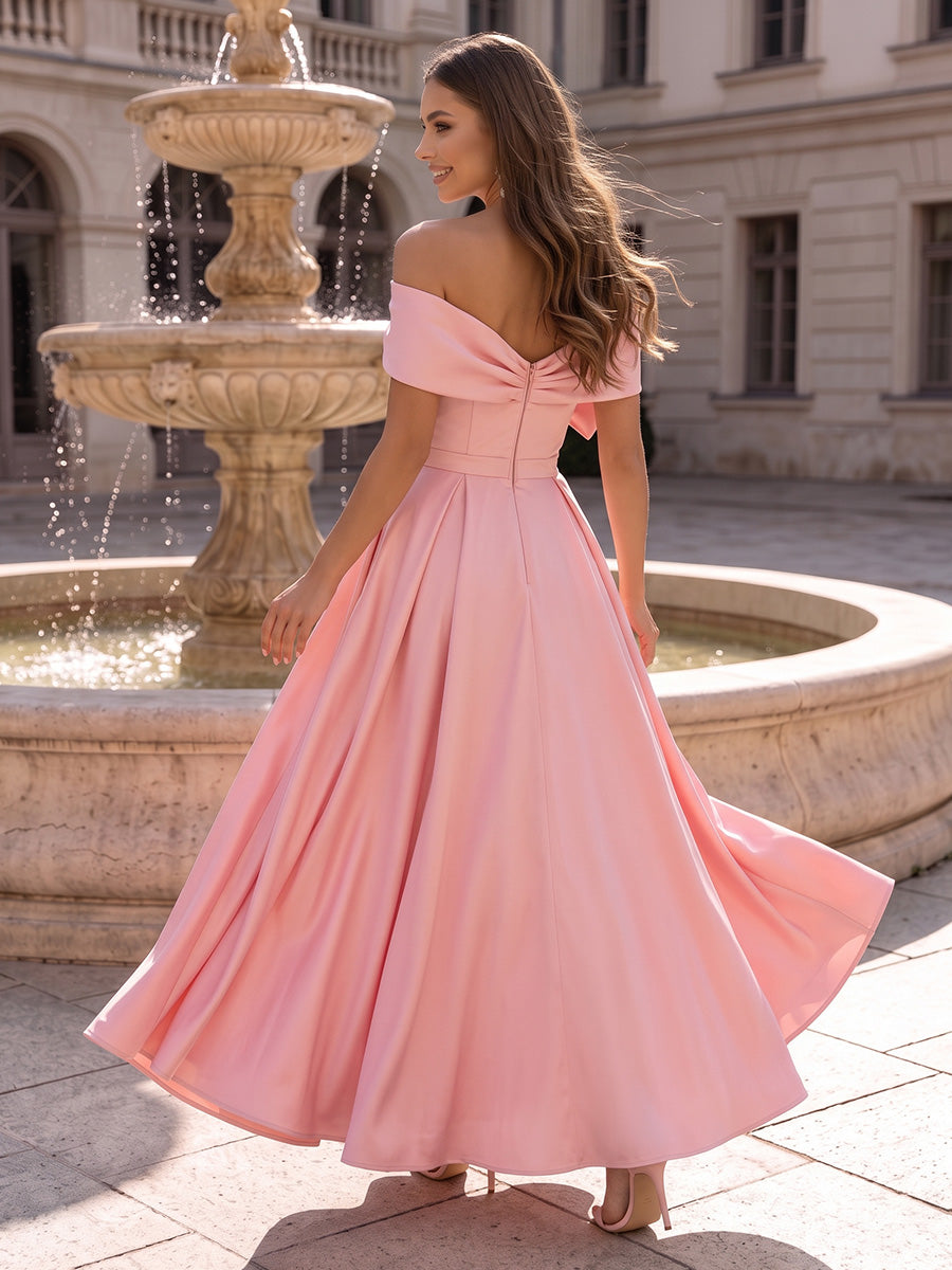Satin A Line Off the Shoulder with Bow Formal Dresses