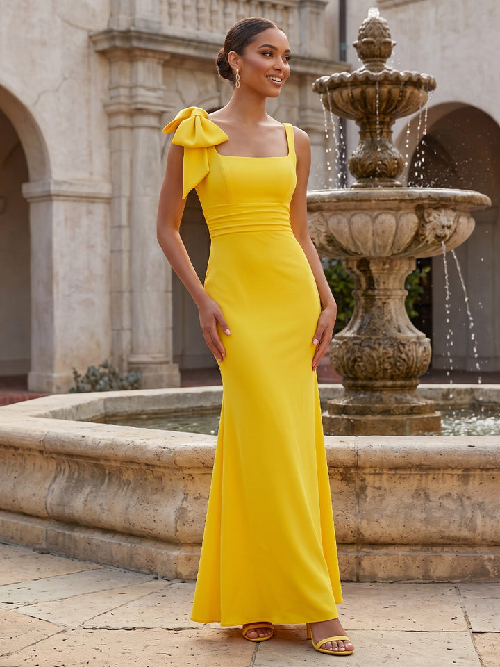 Satin Sheath Square Neck Ruched Waist Formal Dresses