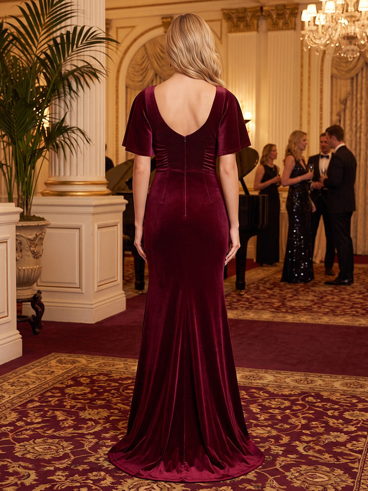 Velvet Mermaid V Neck Floor Length Ruffles Sleeves Formal Dresses