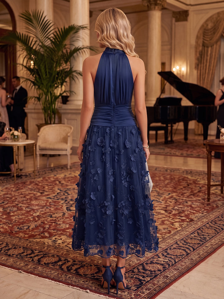 Satin A Line Halter Ankle Length Lace Appliques Formal Dresses