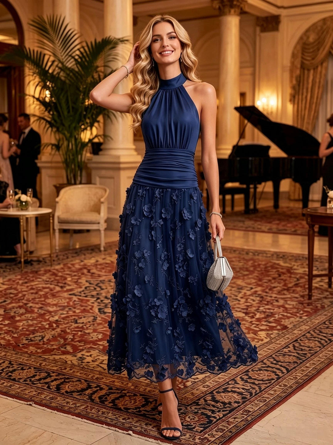 Satin A Line Halter Ankle Length Lace Appliques Cocktail Dresses