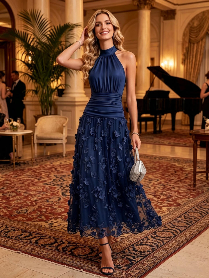 Satin A Line Halter Ankle Length Lace Appliques Cocktail Dresses