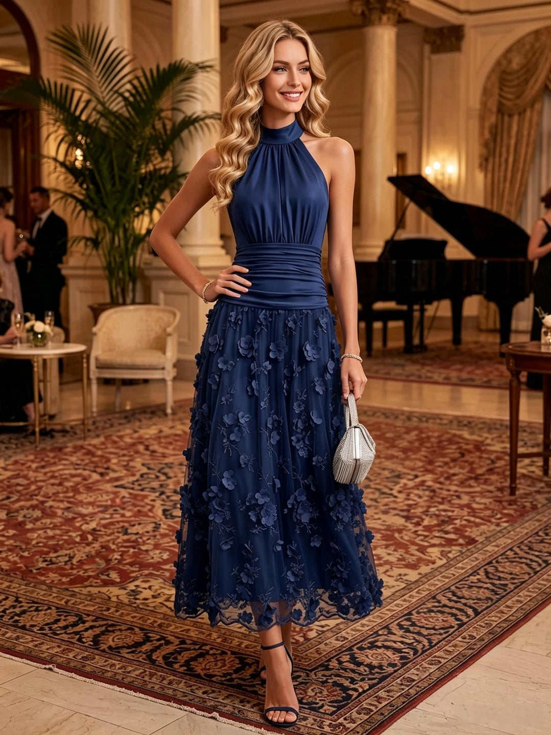 Satin A Line Halter Ankle Length Lace Appliques Cocktail Dresses