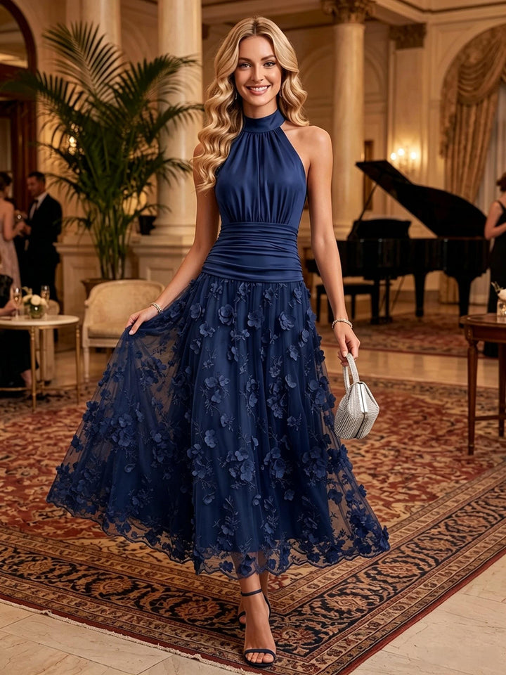 Satin A Line Halter Ankle Length Lace Appliques Cocktail Dresses