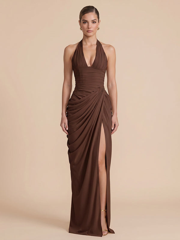 Satin Sheath Halter Floor Length Deep V Halter Formal Dresses