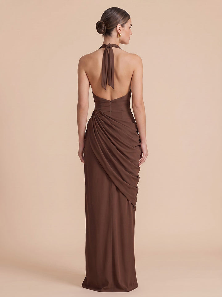 Satin Sheath Halter Floor Length Deep V Halter Formal Dresses