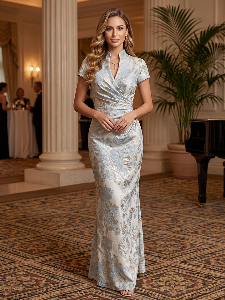 Satin Jacquard Mermaid Stand Collar Floor Length Ruched Waist Formal Dresses
