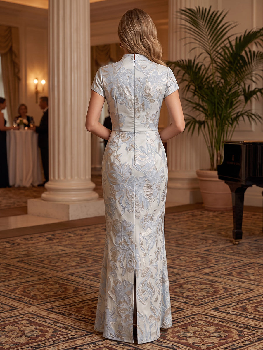 Satin Jacquard Mermaid Stand Collar Floor Length Ruched Waist Formal Dresses